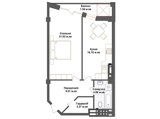 ЖК Счастье: планировка 1-комнатной квартиры 55.37 м²