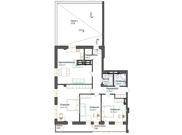 ЖК Счастье: планировка 3-комнатной квартиры 133.48 м²