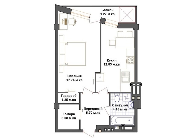 ЖК Счастье: планировка 1-комнатной квартиры 46.02 м²