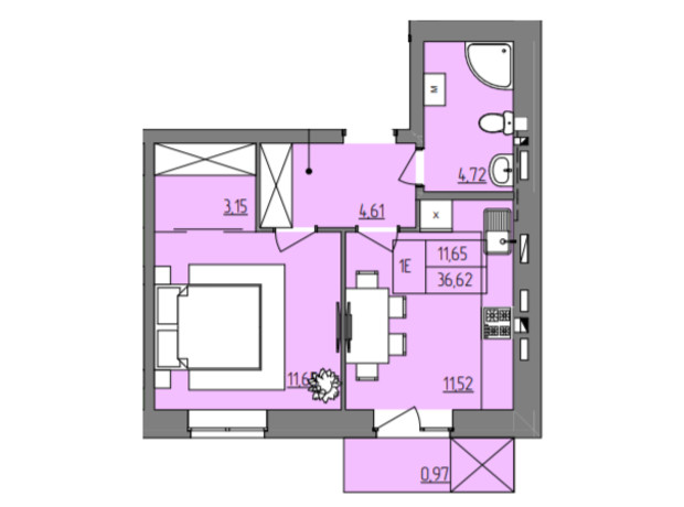 ЖК Синергия Color: планировка 1-комнатной квартиры 36.62 м²