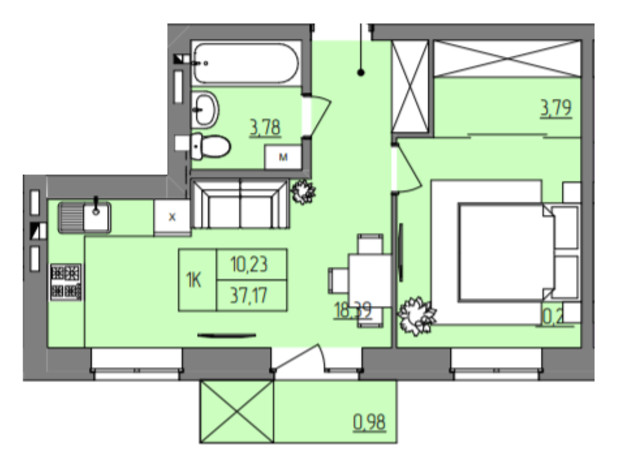 ЖК Синергія Color: планування 1-кімнатної квартири 37.17 м²