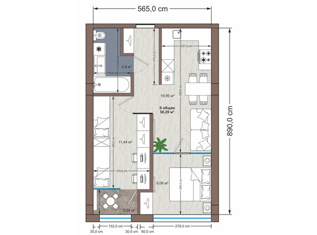 Апарт-комплекс Тиса Renovation: планировка 2-комнатной квартиры 50.3 м²