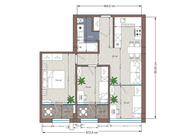Апарт-комплекс Тиса Renovation: планування 3-кімнатної квартири 62.4 м²