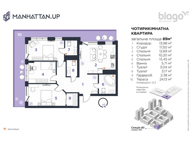 ЖК Manhattan Up: планировка 4-комнатной квартиры 89 м²