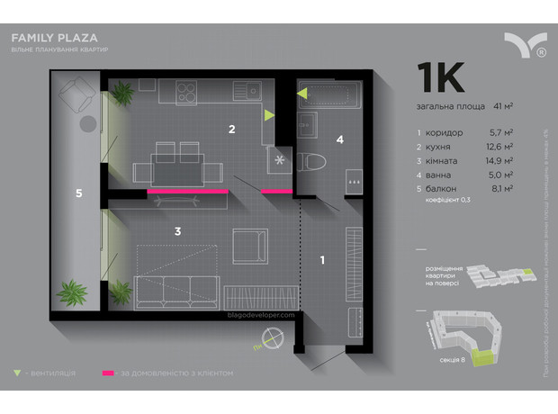 ЖК Family Plaza: планировка 1-комнатной квартиры 41 м²