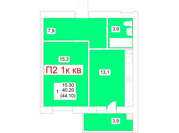 ЖК Мрія: планування 1-кімнатної квартири 40.9 м²