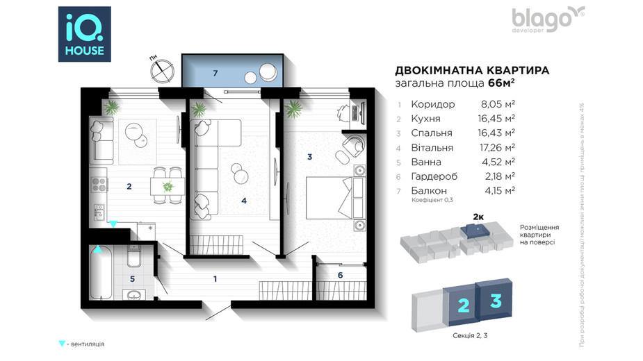 Планировка 2-комнатной квартиры в ЖК IQ House 66 м², фото 445418
