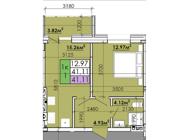 ЖК Казацкий Гай 2: планировка 1-комнатной квартиры 41.11 м²