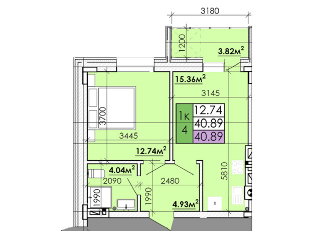 ЖК Козацький Гай 2: планування 1-кімнатної квартири 40.89 м²