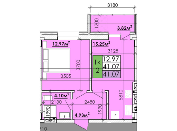 ЖК Козацький Гай 2: планування 1-кімнатної квартири 41.07 м²