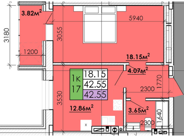 ЖК Казацкий Гай 2: планировка 1-комнатной квартиры 42.55 м²