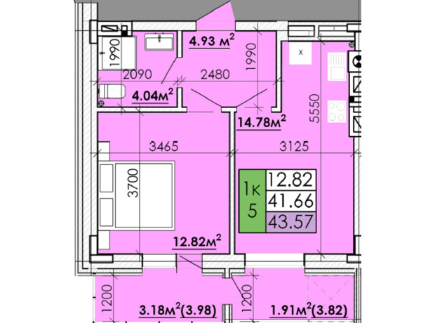 ЖК Казацкий Гай 2: планировка 1-комнатной квартиры 43.57 м²