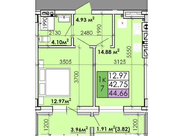 ЖК Казацкий Гай 2: планировка 1-комнатной квартиры 44.66 м²