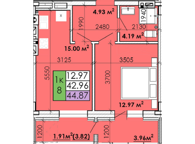 ЖК Козацький Гай 2: планування 1-кімнатної квартири 44.87 м²