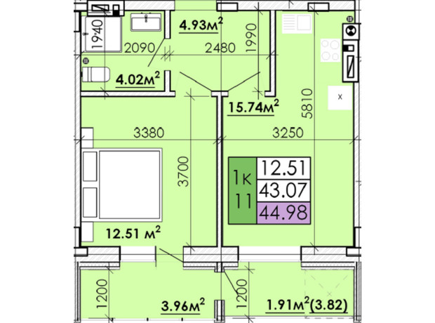 ЖК Козацький Гай 2: планування 1-кімнатної квартири 44.98 м²