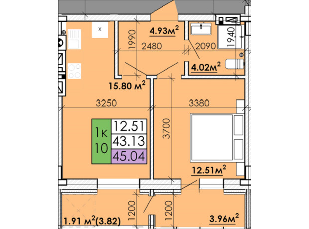 ЖК Казацкий Гай 2: планировка 1-комнатной квартиры 45.04 м²