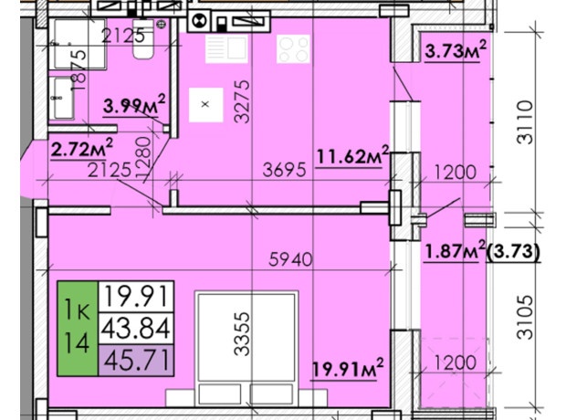 ЖК Казацкий Гай 2: планировка 1-комнатной квартиры 45.71 м²