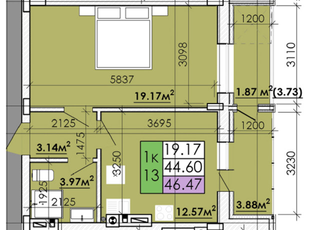 ЖК Казацкий Гай 2: планировка 1-комнатной квартиры 46.47 м²