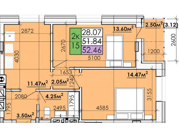 ЖК Козацький Гай 2: планування 1-кімнатної квартири 52.46 м²