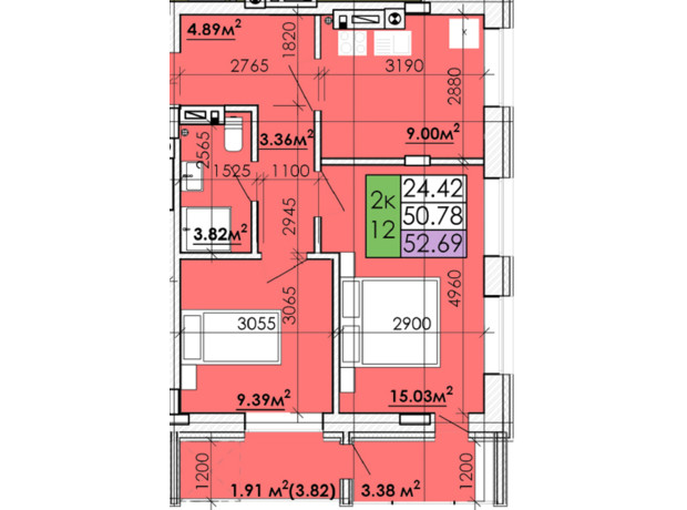 ЖК Казацкий Гай 2: планировка 1-комнатной квартиры 52.69 м²