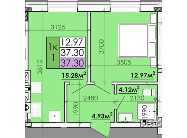 ЖК Казацкий Гай 2: планировка 1-комнатной квартиры 37.3 м²