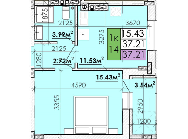 ЖК Казацкий Гай 2: планировка 1-комнатной квартиры 37.21 м²