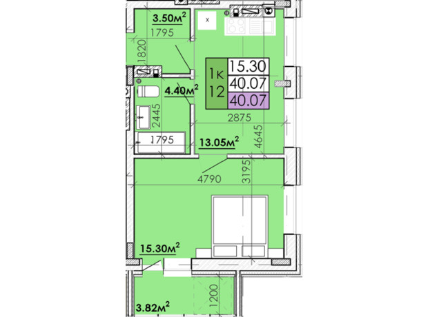 ЖК Казацкий Гай 2: планировка 1-комнатной квартиры 40.07 м²