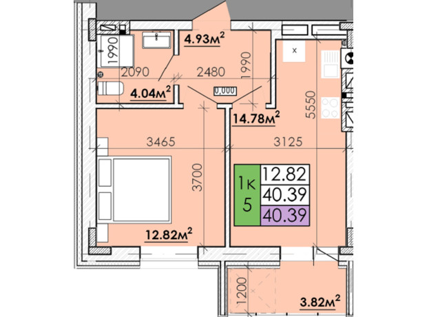 ЖК Казацкий Гай 2: планировка 1-комнатной квартиры 40.39 м²