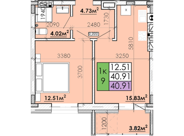 ЖК Козацький Гай 2: планування 1-кімнатної квартири 40.91 м²