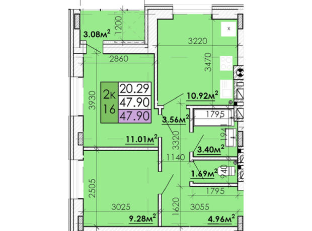 ЖК Козацький Гай 2: планування 1-кімнатної квартири 47.9 м²