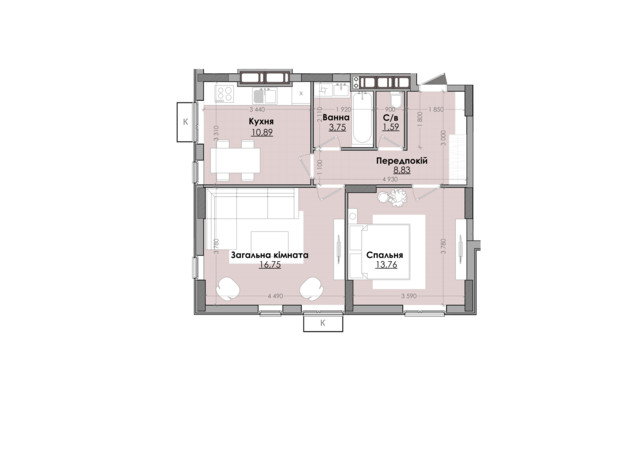 ЖК Millennium: планировка 2-комнатной квартиры 57.8 м²