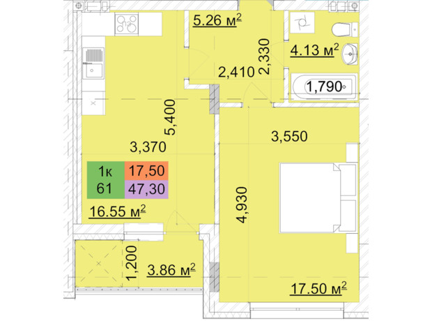 ЖК Сирецький парк-2: планування 1-кімнатної квартири 47.3 м²