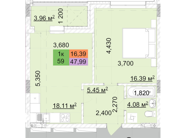 ЖК Сирецький парк-2: планування 1-кімнатної квартири 47.99 м²