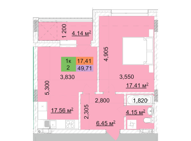 ЖК Сырецкий парк-2: планировка 1-комнатной квартиры 49.71 м²