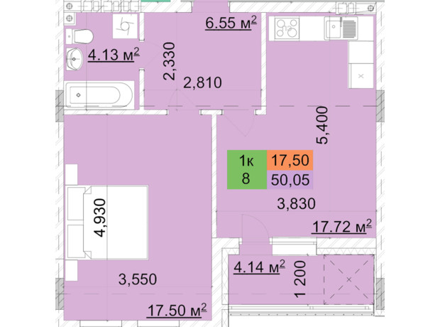 ЖК Сирецький парк-2: планування 1-кімнатної квартири 50.05 м²