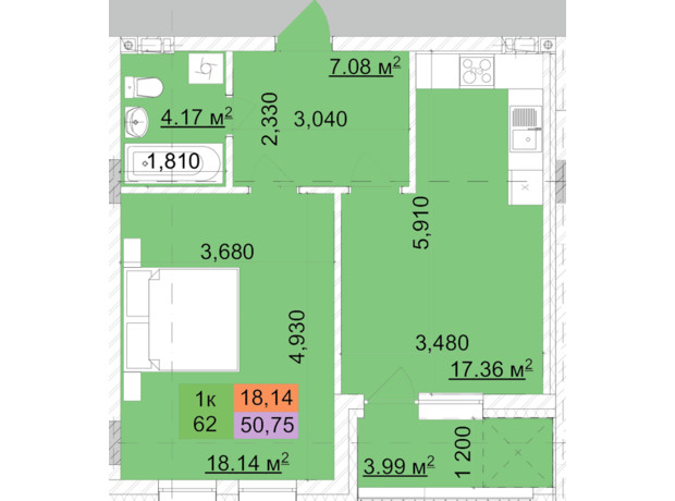 ЖК Сирецький парк-2: планування 1-кімнатної квартири 50.75 м²