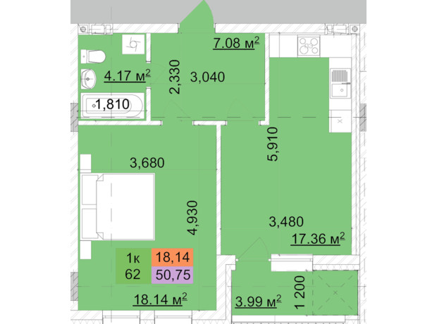 ЖК Сырецкий парк-2: планировка 1-комнатной квартиры 50.75 м²