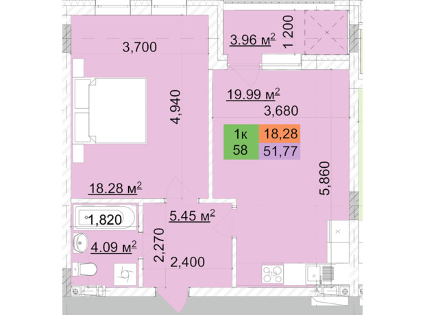 ЖК Сырецкий парк-2: планировка 1-комнатной квартиры 51.77 м²