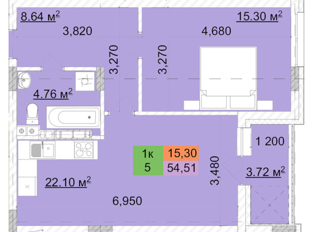 ЖК Сырецкий парк-2: планировка 1-комнатной квартиры 54.51 м²