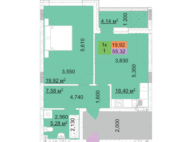 ЖК Сирецький парк-2: планування 1-кімнатної квартири 55.32 м²