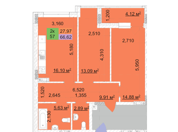ЖК Сырецкий парк-2: планировка 2-комнатной квартиры 66.62 м²