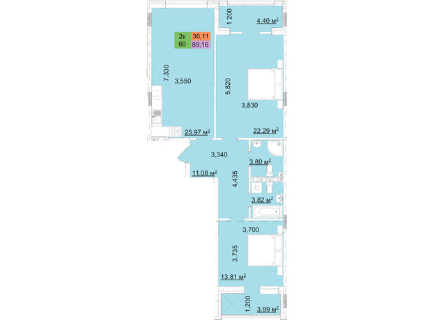 ЖК Сырецкий парк-2: планировка 2-комнатной квартиры 89.16 м²
