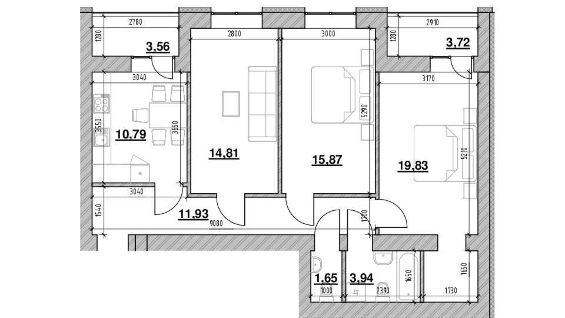 Планування 3-кімнатної квартири в ЖК Шенген 85.66 м², фото 448658