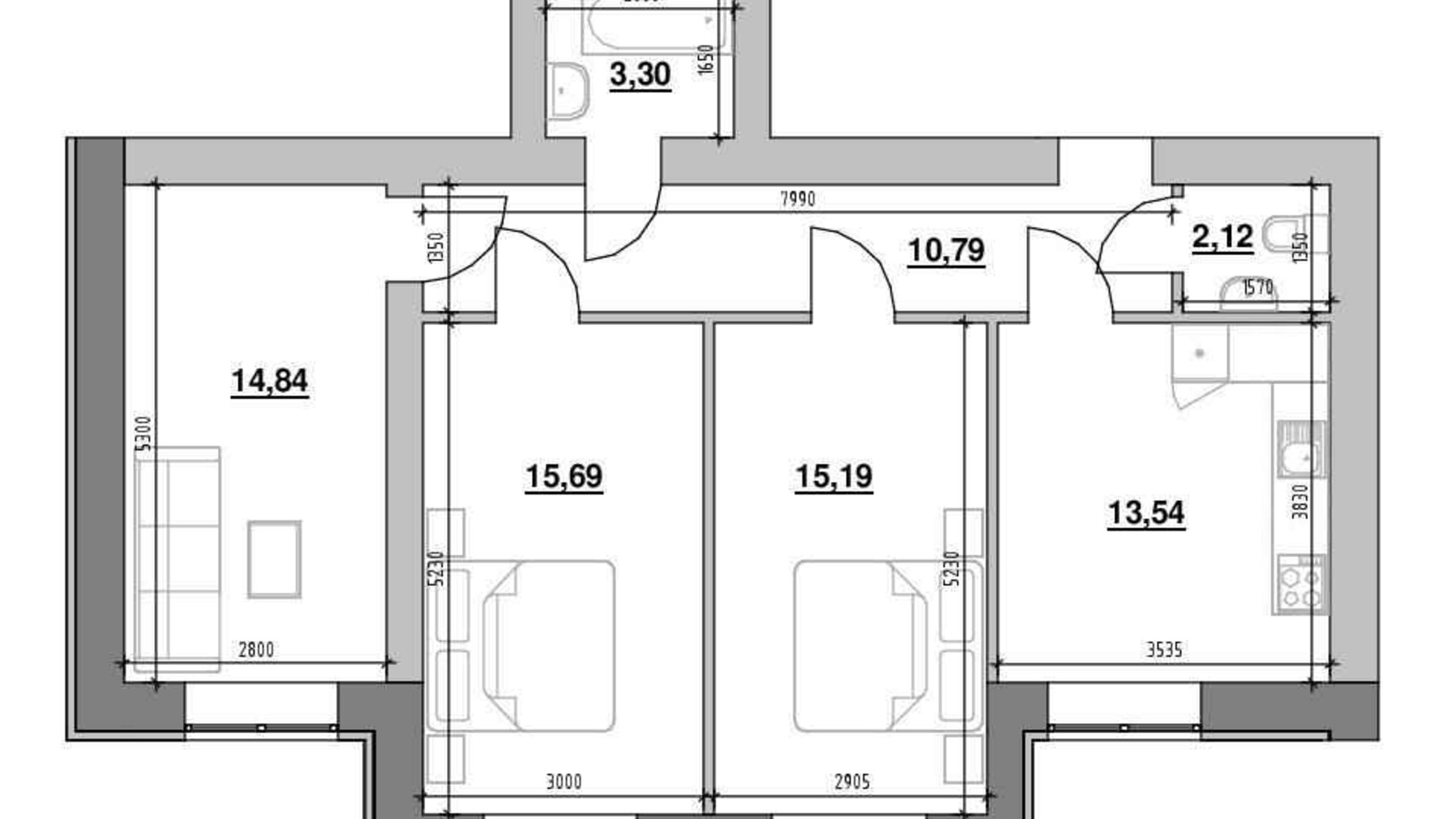 Планировка 3-комнатной квартиры в ЖК Шенген 75.47 м², фото 448669