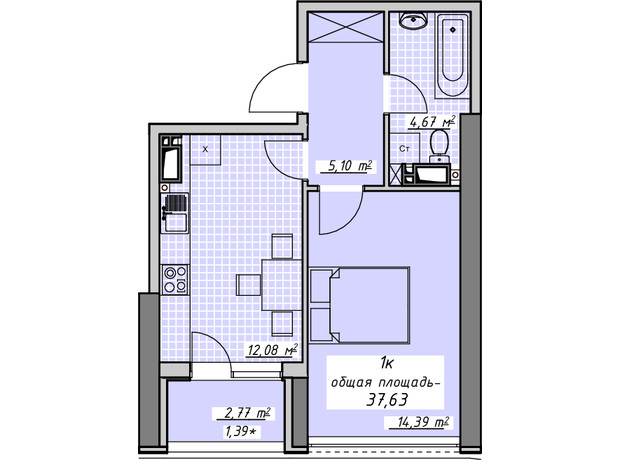 ЖК Атмосфера: планування 1-кімнатної квартири 37.63 м²