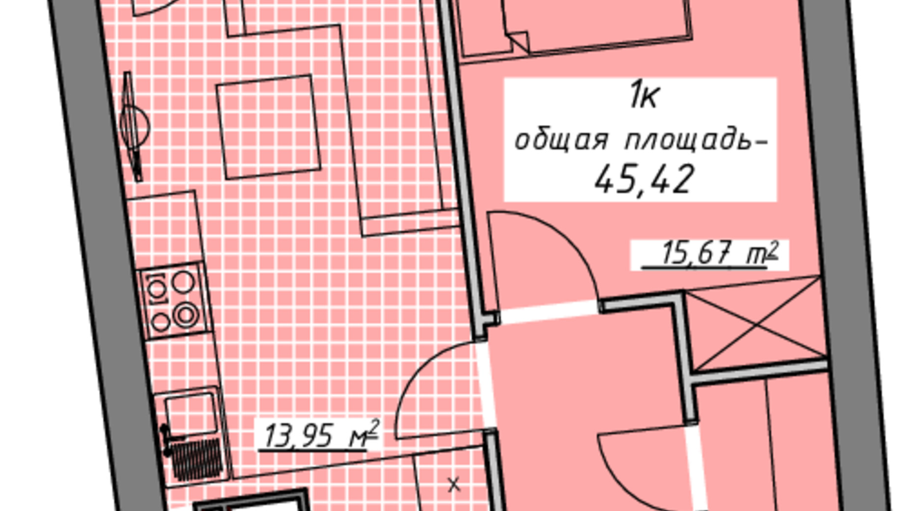 Планировка 1-комнатной квартиры в ЖК Атмосфера 45.42 м², фото 448786