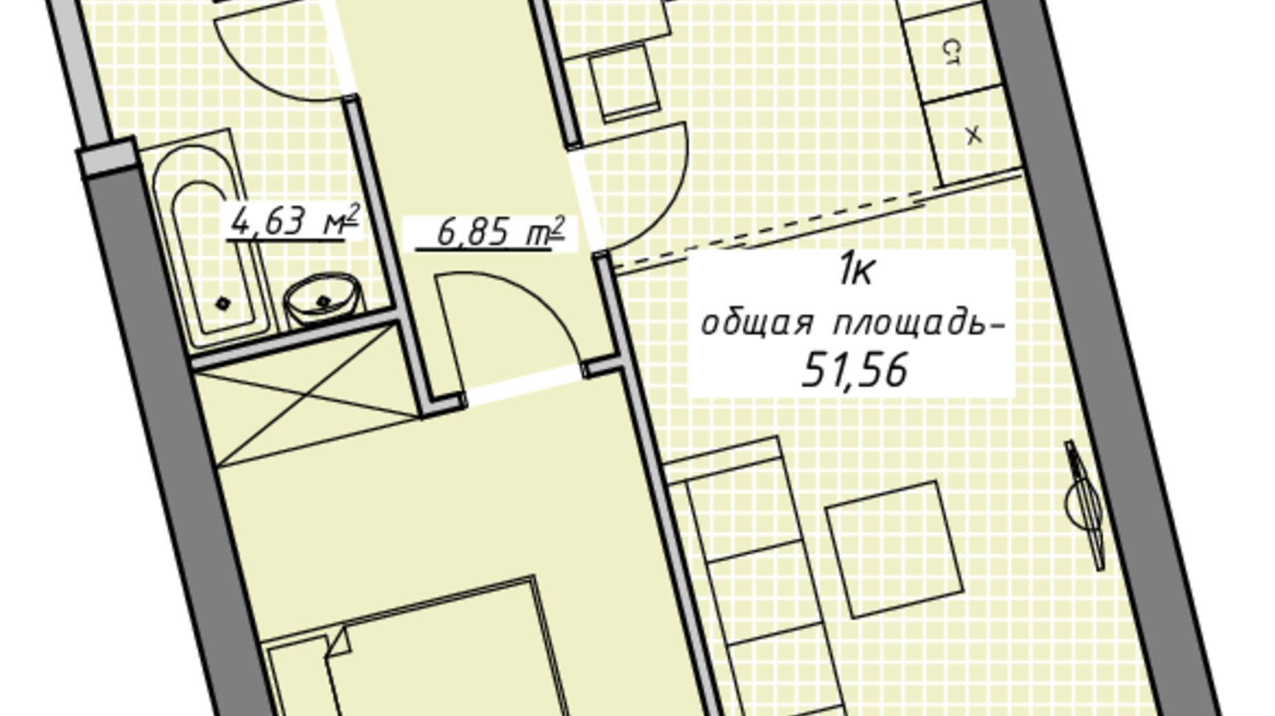 Планування 1-кімнатної квартири в ЖК Атмосфера 51.56 м², фото 448788