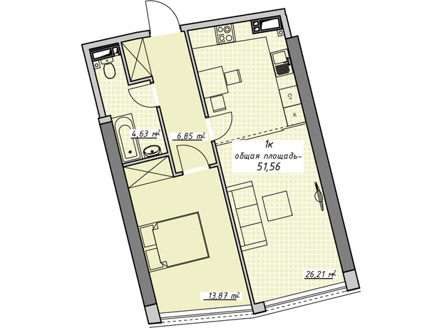 ЖК Атмосфера: планування 1-кімнатної квартири 51.56 м²