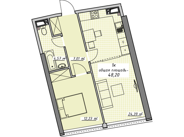 ЖК Атмосфера: планировка 1-комнатной квартиры 48.2 м²