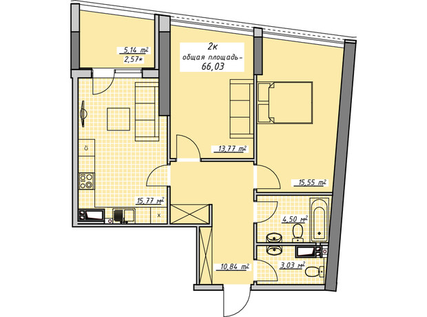 ЖК Атмосфера: планування 2-кімнатної квартири 66.03 м²